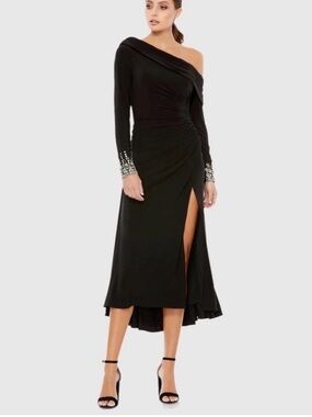 Ieena for Mac Duggal  Black Off Shoulder Midi Dress Rhinestone Cuff Size 4 NWT